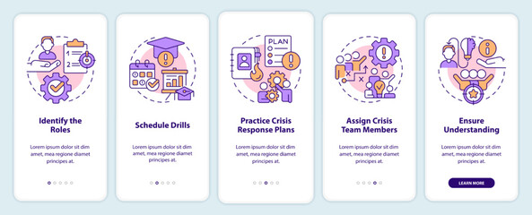 Crisis management team onboarding mobile app screen. Walkthrough 5 steps editable graphic instructions with linear concepts. UI, UX, GUI template. Myriad Pro-Bold, Regular fonts used
