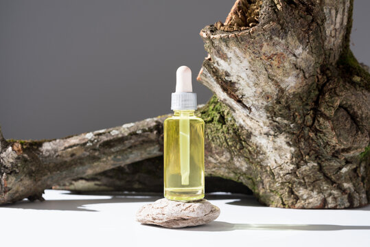Botella de aceite esencial con cuentagotas sobre un tronco de árbol con musgo. Producto cosmético natural de aromaterapia