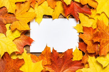 Autumn festive card template. Blank white paper mockup with fallen autumn dried leaves on wooden...