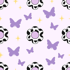 Groovy flower seamless pattern. Y2k retro 90s 2000s hipster style. Butterfly. Vector