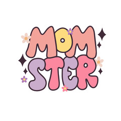 Momster. Halloween hippy print for moms. Cute trendy retro lettering. Halloween print on a T-shirt.