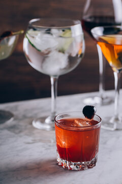 Set Of Alcohol Cocktails In Glasses On Table