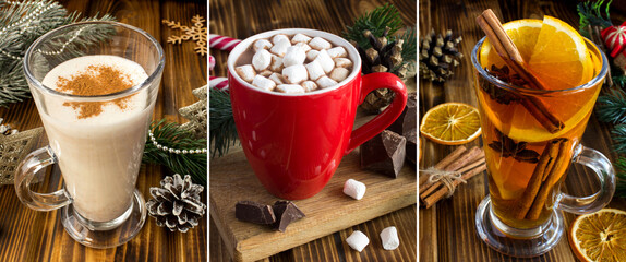 Collage of Christmas drinks on the wooden background. Closeup.