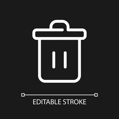 Trash can pixel perfect white linear ui icon for dark theme. Recycle bin. Garbage container. Vector line pictogram. Isolated user interface symbol for night mode. Editable stroke. Arial font used