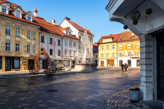 Main street with christmas decoration in Kranj , Slovenia