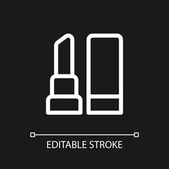 Lipstick pixel perfect white linear ui icon for dark theme. Sell beauty product. Cosmetics store. Vector line pictogram. Isolated user interface symbol for night mode. Editable stroke. Arial font used