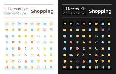 Shopping flat color ui icons set for dark, light mode. Digital commerce. Online store. Retail shop. GUI, UX design for mobile app. Vector isolated RGB pictograms. Montserrat Bold, Light fonts used