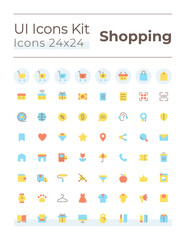 E commerce flat color ui icons set. Retail shop. Purchasing experience. Online platform for shopping. GUI, UX design for mobile app. Vector isolated RGB pictograms. Montserrat Bold, Light fonts used