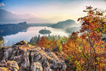 Amazing sunrise over popular tourist destination  Bled lake.