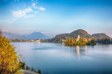 Gorgeous sunny day view of popular tourist destination  Bled lake.