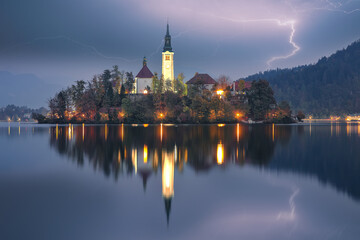 Fototapeta na wymiar Astonishing night view of popular tourist destination Bled lake.