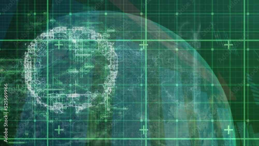 Poster animation of rotating brain rotating over green data processing in green and black space