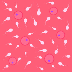 In vitro fertilisation seamless pattern. Medical, biological and health care background with moving spermatozoon and female eggs. Vector illustration