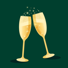 Two glasses with champagne and splashes, New Year celebration,  vector illustration on green background