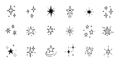 Line star glitter shine of doodle set. Star shine glow, spark glitter, sparkle light vector illustration. Hand drawn sketch doodle style..