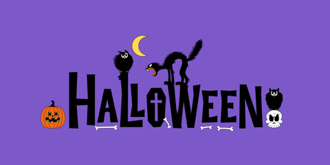 Halloween vector lettering for banner, poster, greeting card, party invitation. Illustration in funny comic style, flat design.