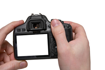 Hands with black digital photo camera