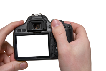 Hands with black digital photo camera