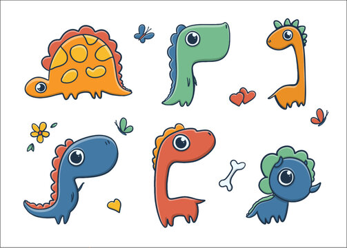 Collection of cartoon illustration fany colorful dinosaur