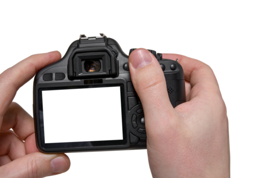 Hands with black digital photo camera