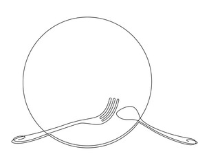 Cutlery table spoon and fork lying on a plate. Meal completion sign. Continuous line drawing  illustration isolated on white background