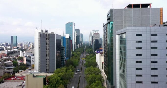 Mexico City, CDMX, Mexico, OCT, 16 2021, drone view of Paseo de La Reforma avenue, landmark in Mexico City, sky with clouds