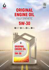 Engine oil advertising poster. Realistic vector illustration with canister of engine oil on highway and sunset on background. 3d ad banner. Advertisement of full synthetic and protection engine oil.