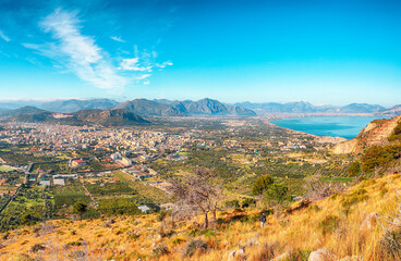 Fabulous morning cityscape of Bagheria town and national park Orientata Pizzo Cane.