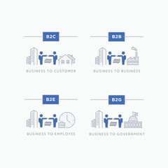 Business Relations Icon Set. B2B, B2C, B2E & B2G - Business to Business, Business to Customer, Business to Government, Business to Employee. Minimalist Line Icons - Vector, Editable Stroke.