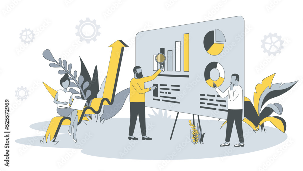 Poster Analytics concept in flat design with people. Men and woman analyzing and researching business data, work with financial graph at dashboard. Vector illustration with character scene for web banner