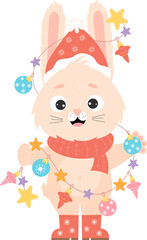 Obraz na płótnie Canvas Cute bunny character in santa hat with garland. Chinese new year 2023 the Rabbit