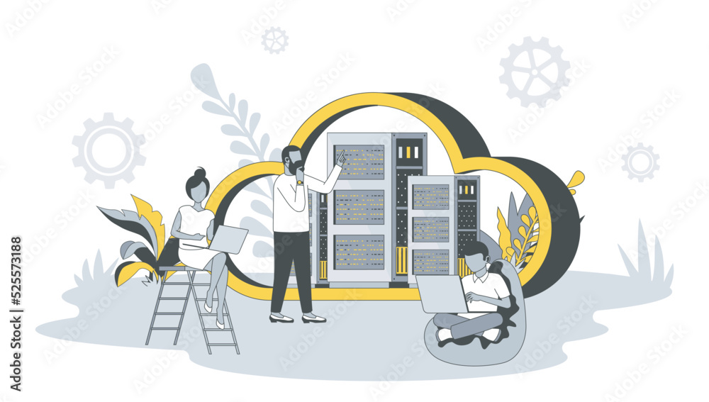 Leinwandbilder Cloud computing concept in flat design with people. Man and woman using laptops for downloading files from cloud storage, working with database. Vector illustration with character scene for web banner