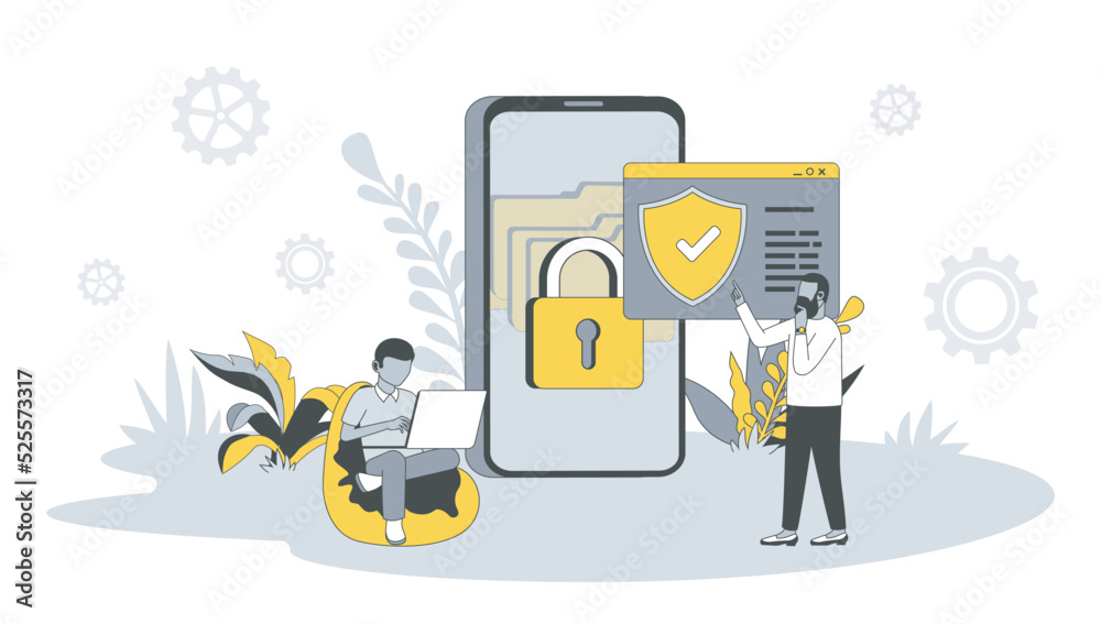 Poster data protection concept in flat design with people. men work in security service and protect online 
