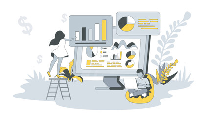 Economic concept in flat design with people. Woman and man analyzing financial charts and graphs, planning budget and manages money savings. Vector illustration with character scene for web banner