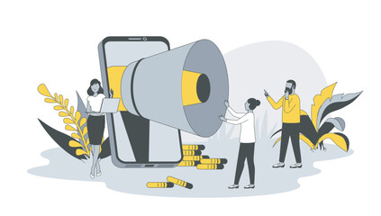 Marketing concept in flat design with people. Woman with megaphone making advertising campaign, attract new customers and convert into sales. Vector illustration with character scene for web banner
