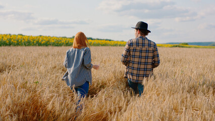 Small family business concept one couple in the middle of wheat field and sunflowers ana the field...
