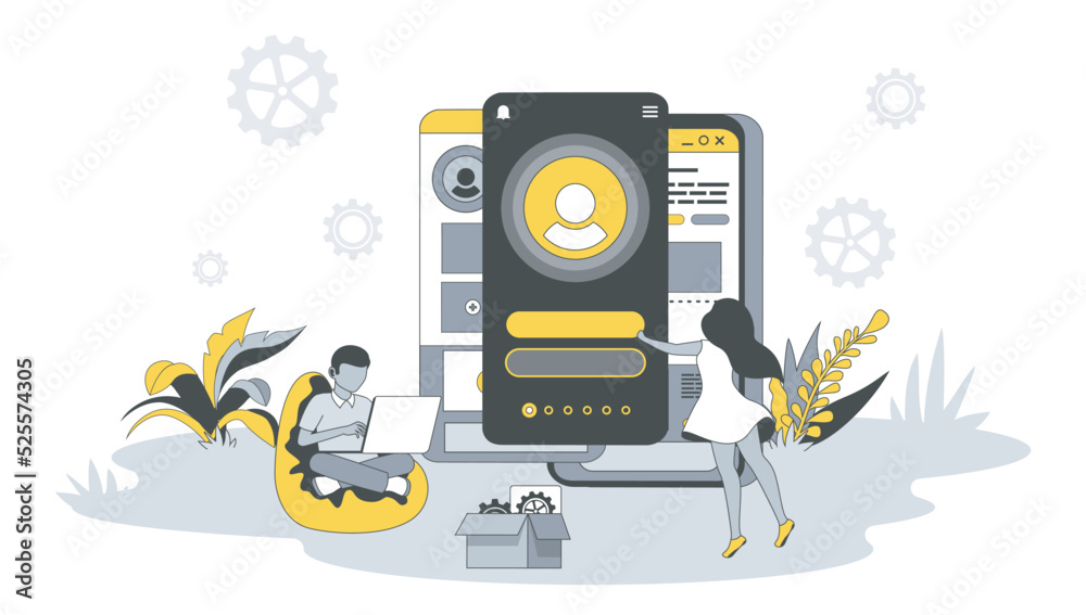 Poster UI UX layouts design concept in flat design with people. Man and women create user interface on mobile screen and optimize places of buttons. Vector illustration with character scene for web banner