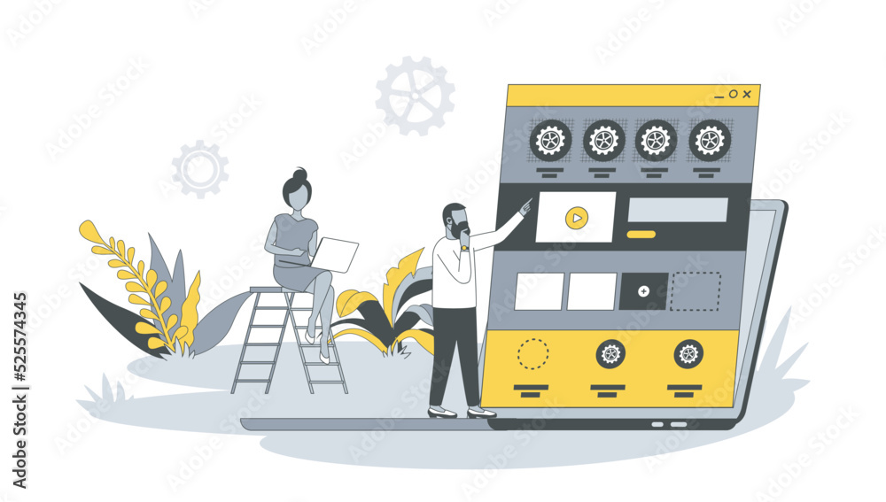 Wall mural web development concept in flat design with people. man and women create site layout, place blocks w