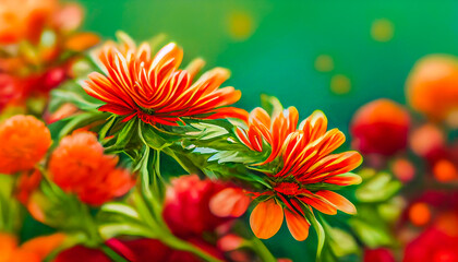 Digital art background fresh floral with Chrysanthemum flowers in red and orange, vibrant foliage