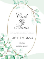 Watercolor hand painted nature save the date oval frame with green eucalyptus leaves on branch with text on the white background for wedding invitation design