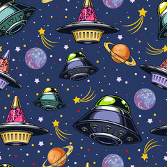 UFO space seamless pattern colorful