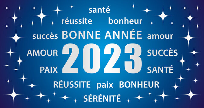 Vecteur Stock Bonne année 2023 ! Carte de vœux bleue et argenté en  français. Bannière vectorielle. | Adobe Stock