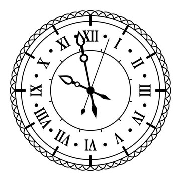 Vintage face clock with roman numerals ornate antic design line vector illustration