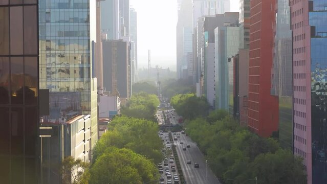 Mexico City, CDMX, Mexico, OCTOBER 15, 2021, Paseo de La Reforma avenue, vehicular traffic at dusk