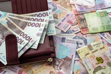 new 500 1000 hryvnia banknotes in a wallet. Ukrainian currency.