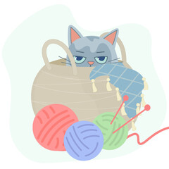 The cat sits on a knitting basket with multi-colored skeins of woolen yarn and needles. A gray self-satisfied cat and knitting. Vector flat style, isolated, cartoon.Concept of knitting as a hobby.