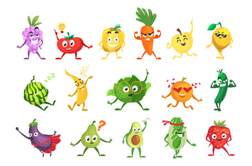 Vegetables fruits funny characters emotions with face expression set vector illustration