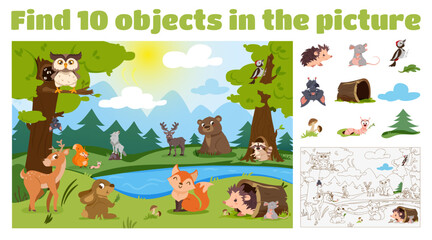 Find 10 hidden objects in the picture. Educational puzzle game for kids with cartoon forest animals in wild nature. Searching items and coloring book page concept. Wildlife and birds with lake, trees.