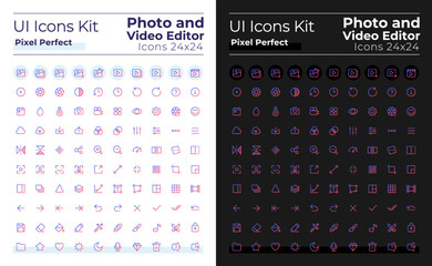 Photo and video editor pixel perfect gradient linear ui icons set for dark, light mode. Line contour user interface symbols. Modern style pictograms. Vector isolated outline illustrations