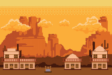 beautiful pixel art vector graphic illustration there is an old building desert atmosphere in the afternoon at sunset and there is a shadow of a cactus tree